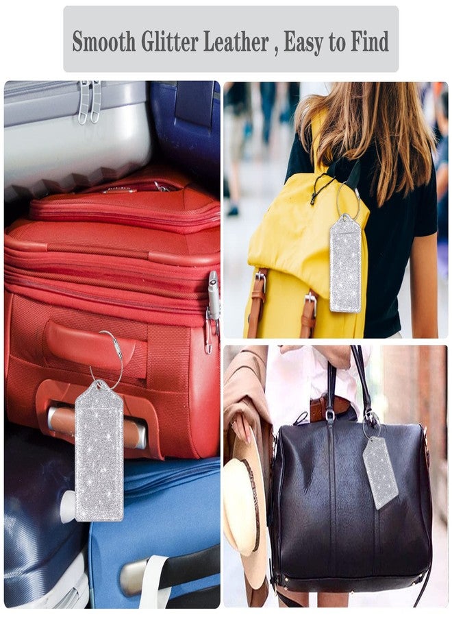 Coco Rossi (Set of 2) Luggage Tag Leather Privacy Cover ID Label Address Card with Stainless Steel Loop, Travel Bag Tags Suitcase Labels, Glitter Silver - Image 5